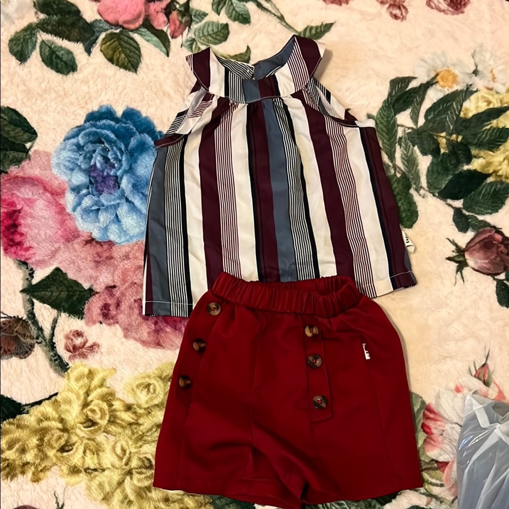 Striped Sleeveless Top and Red Button Shorts Set